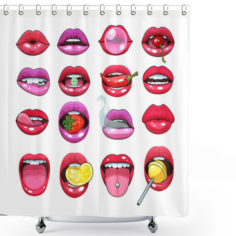 Personality  Sexy Woman Mouth Set. Red Sexy Girls Lips Stickers Expressing Emotions Smile, Kiss, Discontent, Modesty, Show Tongue. Sexy Sensual, Provocative Lips With Pepper, Lemon, Strawberry In The Teeth Vector Shower Curtains