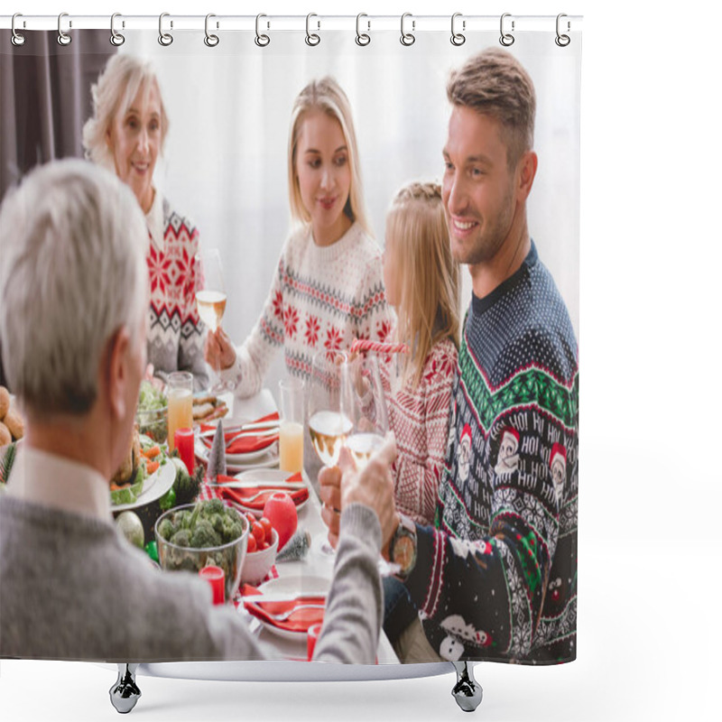 Personality  Family Members Sitting At Table And Clinking With Wine Glasses In Christmas  Shower Curtains