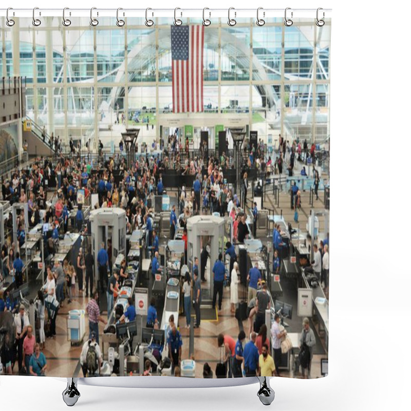 Personality  Travelers At Denver International Airport Going Thru The Security Check Points. Shower Curtains