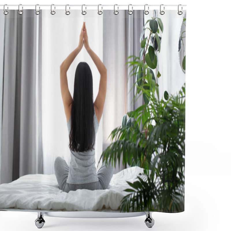 Personality  Slim Woman Doing Yoga In Bedroom In Morning Shower Curtains