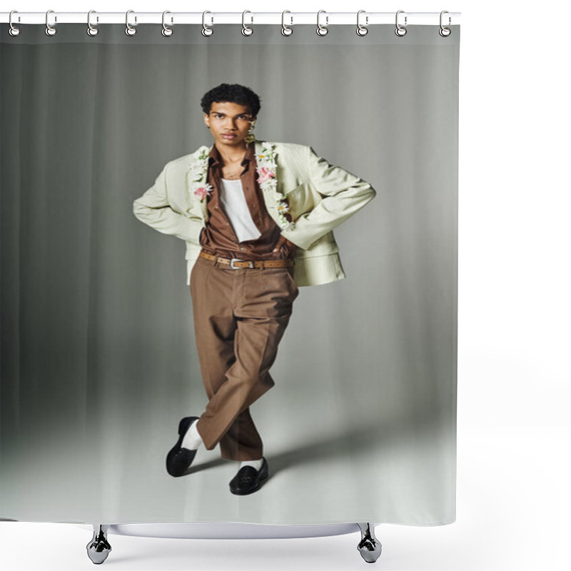 Personality  A Young African American Man Poses In A Stylish Blazer With Floral Accents Against A Grey Background. Shower Curtains