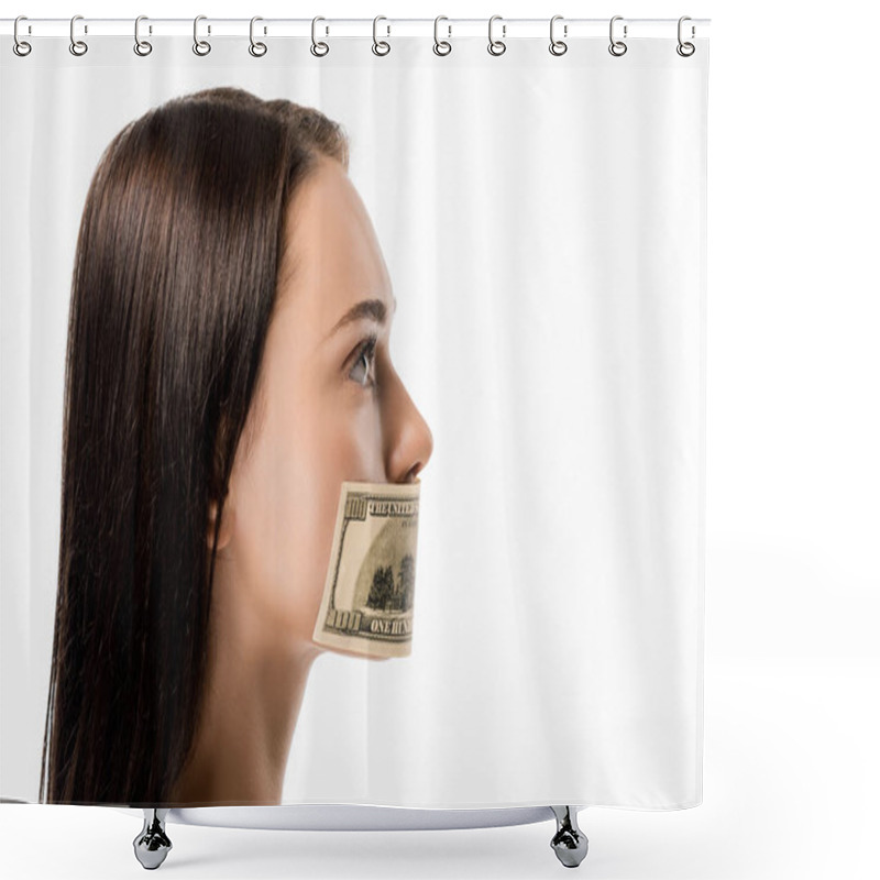 Personality  Side View Of Woman With Dollar Banknote On Mouth Looking Away Isolated On White  Shower Curtains