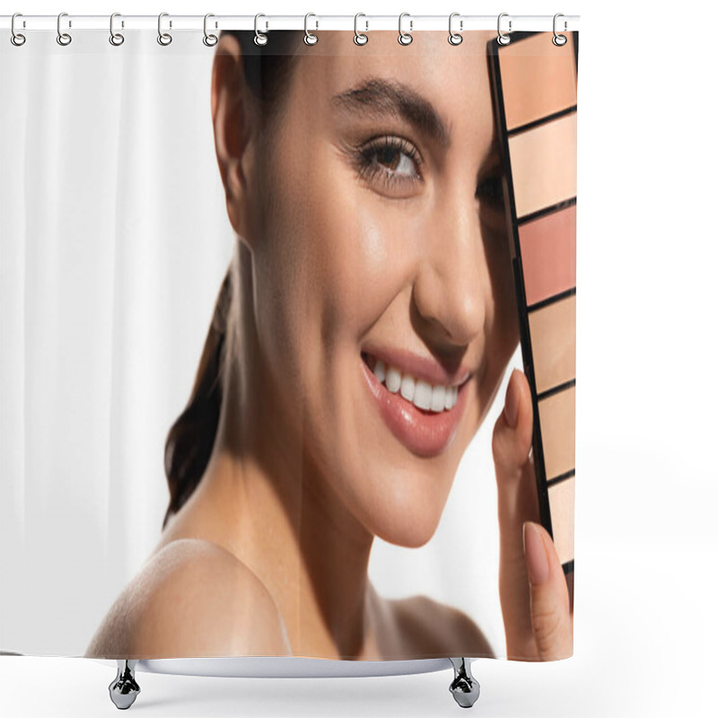 Personality  Positive Young Woman Covering Eye With Eye Shadow Palette Isolated On White  Shower Curtains