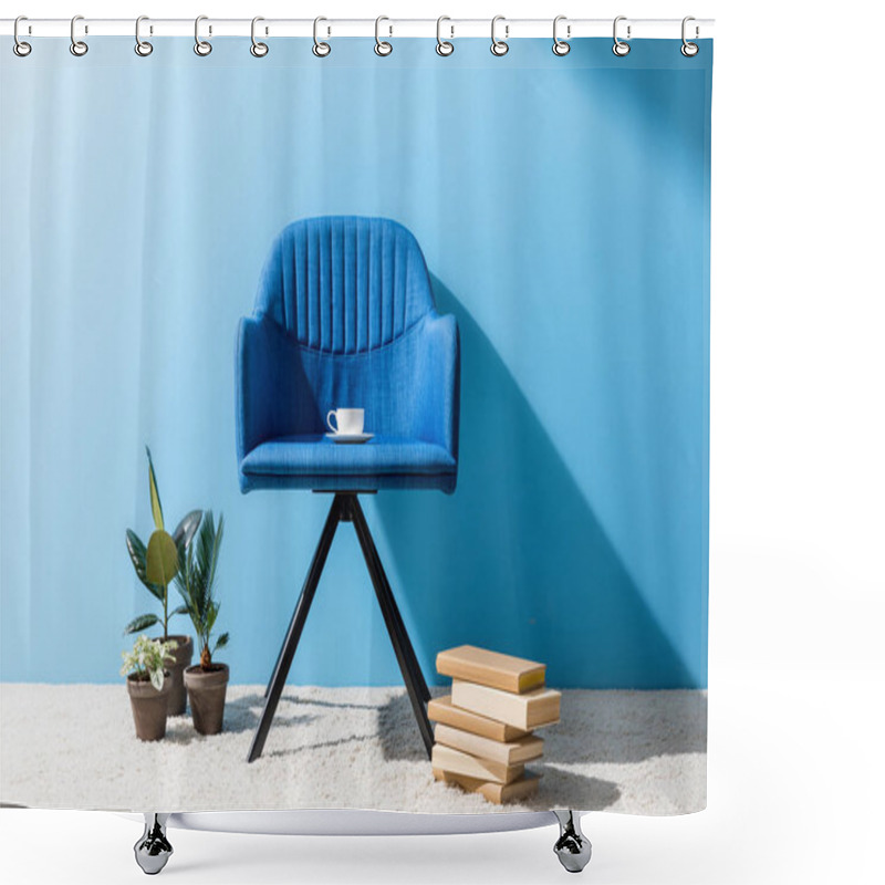 Personality  Comfy Blue Armchair With Cup Of Coffee In Front Of Blue Wall Shower Curtains