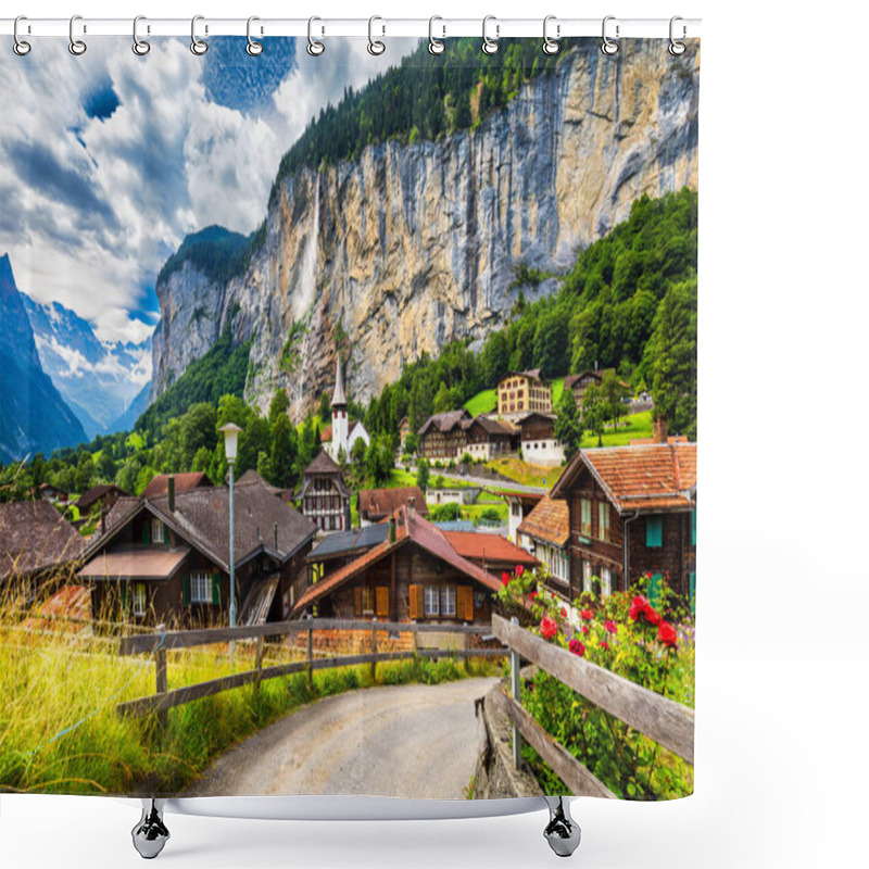 Personality  Amazing Summer Landscape Of Touristic Alpine Village Lauterbrunnen With Famous Church And Staubbach Waterfall. Location: Lauterbrunnen Village, Berner Oberland, Switzerland, Europe. Shower Curtains