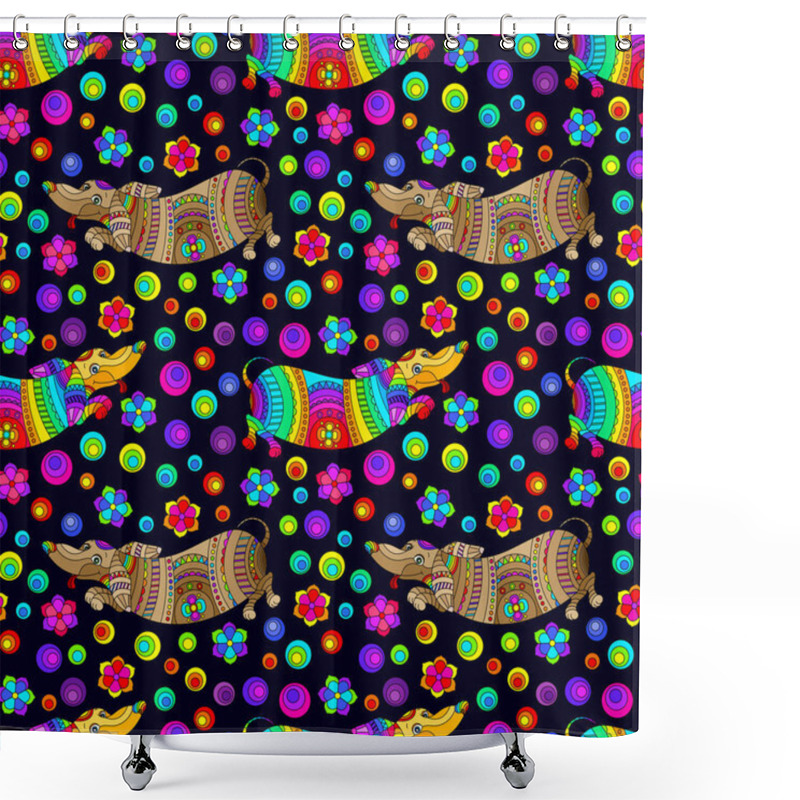 Personality  Seamless Pattern With Bright Dogs Dachshund And Flowers In Stained Glass Style On A Dark Background Shower Curtains