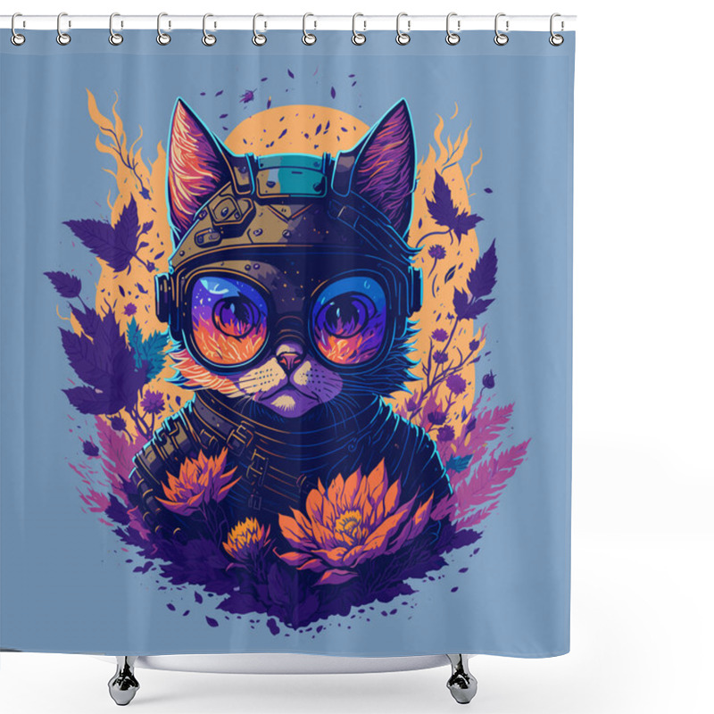 Personality  Futuristic Cat Head Illustration With Flower And Sunglasses On Clean Background. Vector Vintage Painting Style Design With Floral Elements For T-Shirt, Poster, Banner, Invitation Or Cover Shower Curtains