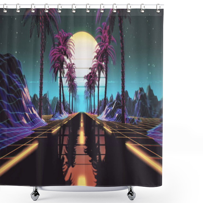 Personality  80s Retro Futuristic Sci-fi Background. Retrowave VJ Videogame Landscape With Neon Lights And Low Poly Terrain Grid. Stylized Vintage Cyberpunk Vaporwave 3D Render With Mountains, Sun And Stars. 4K Shower Curtains