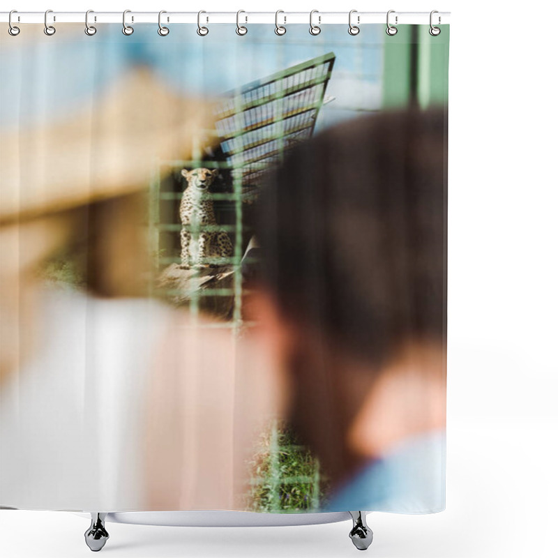 Personality  Selective Focus Of Leopard In Cage Near Father And Daughter In Zoo  Shower Curtains