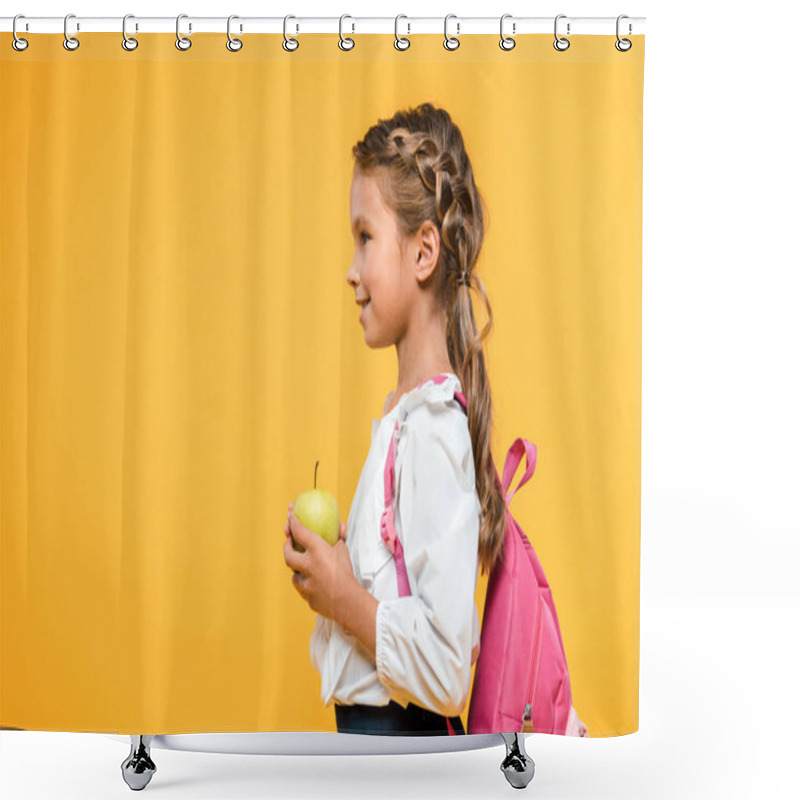 Personality  Side View Of Happy Schoolkid Holding Apple Isolated On Orange  Shower Curtains