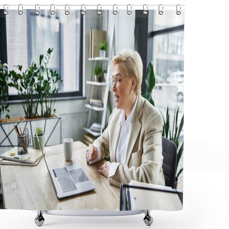 Personality  An Adult Woman In Fashionable Clothing Participates In A Virtual Discussion At A Well Lit Desk. Shower Curtains