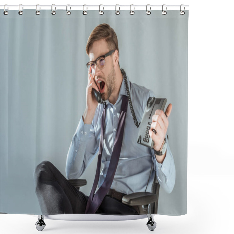 Personality  Young Annoyed Businessman Yelling While Talking On Phone Isolated On Grey Shower Curtains