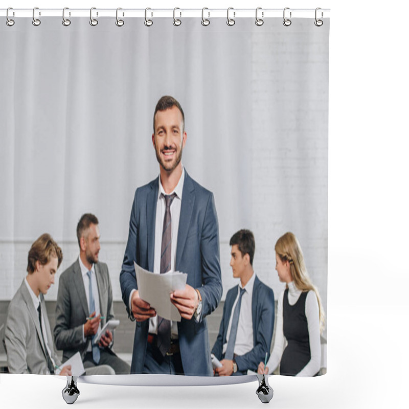 Personality  Happy Business Coach Standing In Front Of Businesspeople At Training In Hub Shower Curtains