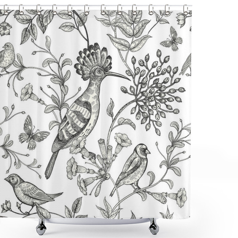 Personality  Seamless Black And White Pattern With Birds And Flowers. Shower Curtains