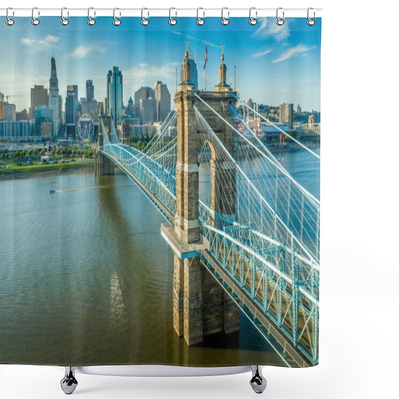 Personality  Panoramic View Of Cincinnati Downtown With The Historic Roebling Suspension Bridge Over The Ohio River Shower Curtains