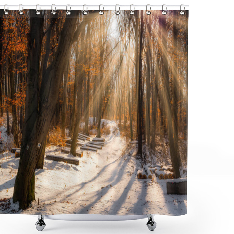 Personality  Beautiful Winter Sunset With Trees In The Snow And Rays Of Sun Shower Curtains