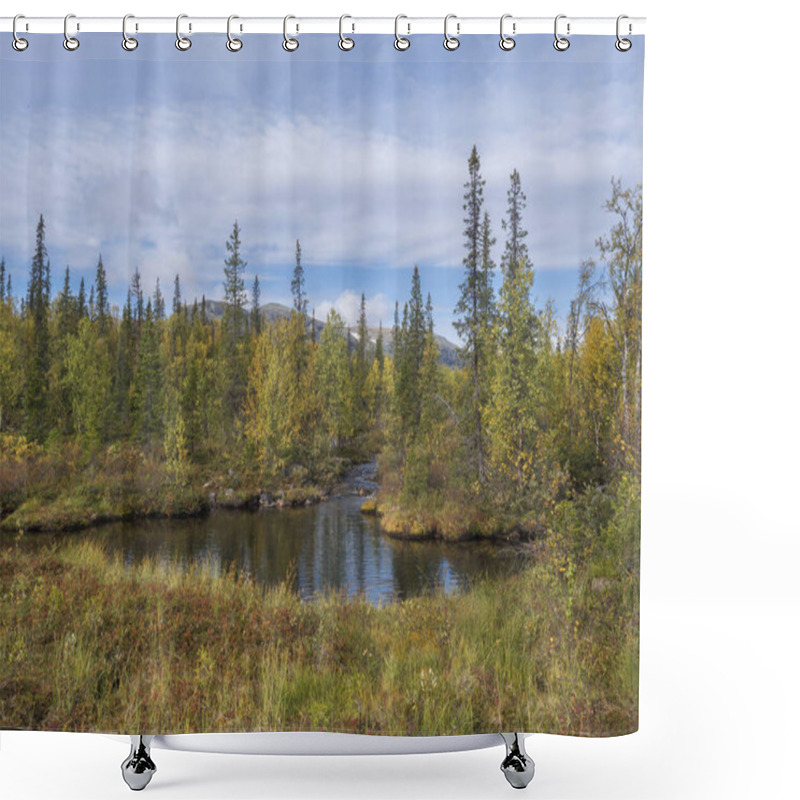 Personality  Landscape Of Sarek National Park In Sweden Lapland With Water Stream, Mountain Peaks, Birch And Spruce Tree Forest. Early Autumn Colors, Blue Sky White Clouds. Shower Curtains