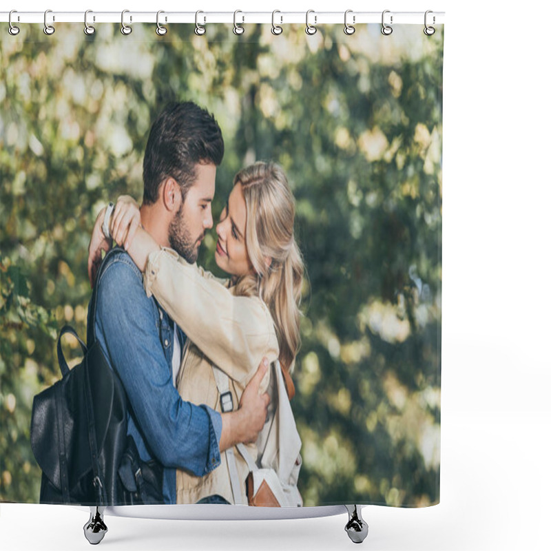 Personality  Side View Of Young Romantic Couple Hugging In Autumn Park Shower Curtains