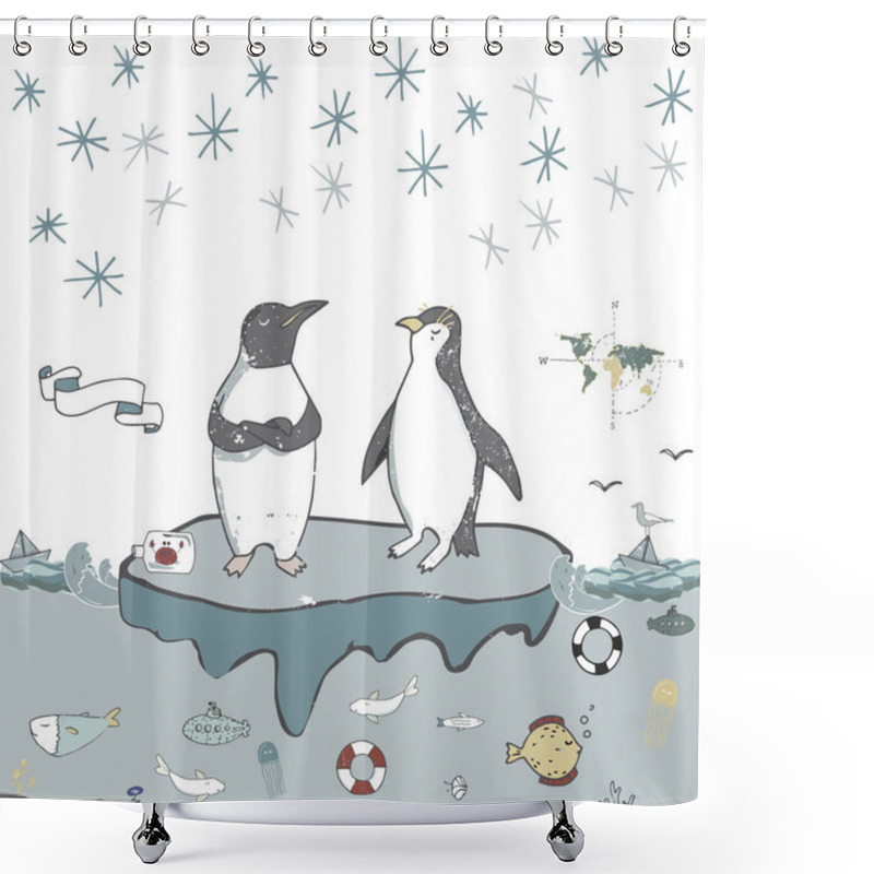 Personality  Penguins Ice Floe Vector Celebration Greeting Birthday Card Winter Mood Friendly School Xmas Day Letter Holidays Landscape Snow Flake, Cute Animal Face Smile On White Background Shower Curtains