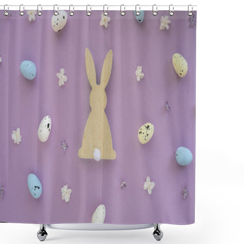 Personality  Happy Easter Concept. Easter Eggs And Bunny Rabbit Composition Background Made Of Beautiful Spring Pink And White Lilac Flowers. Backdrop Mockup Card Invitation Greeting Card Postcard Copy Space Template Blank. Springtime  Shower Curtains