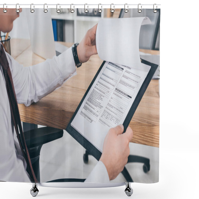 Personality  Cropped View Of Businessman Reading Compensation Claim Form At Office Shower Curtains