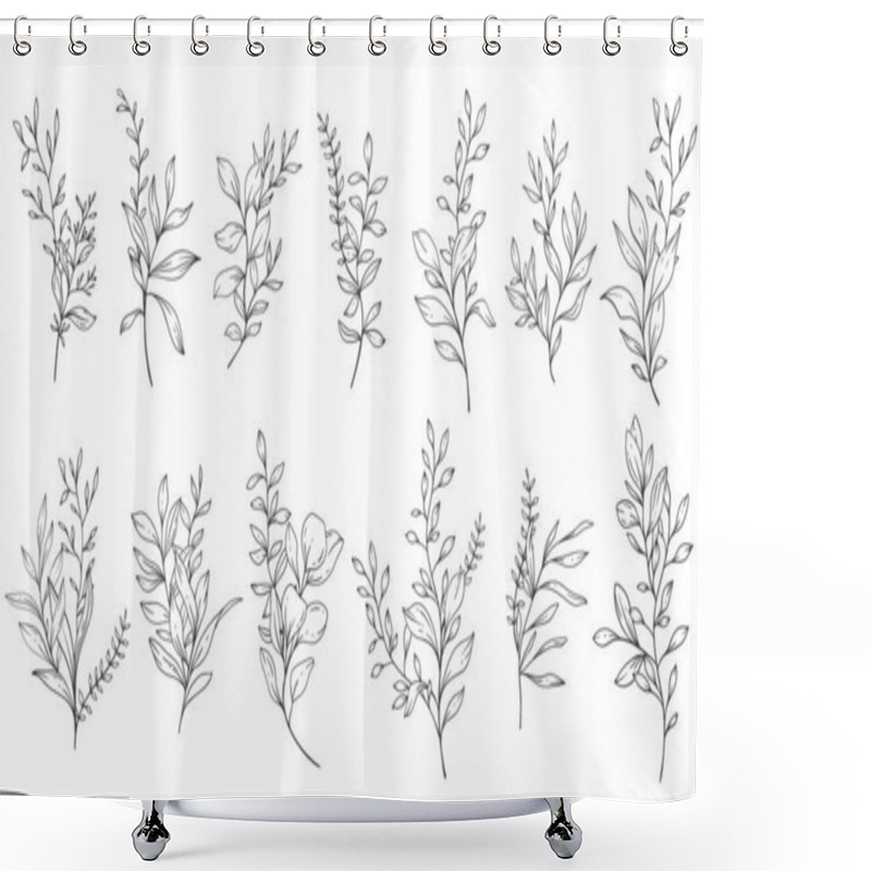 Personality  Floral Frames Line Art, Fine Line Greenery Frames Hand Drawn Illustration. Outline Leaves And Flowers.  Shower Curtains