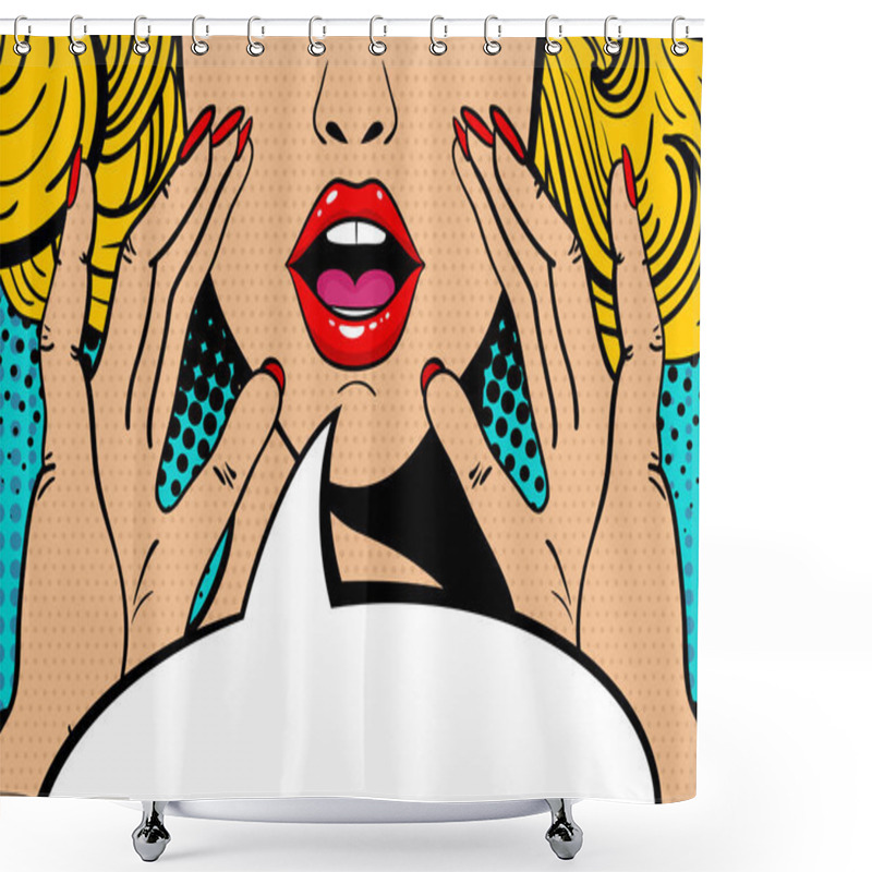 Personality  Sexy Surprised Blonde Pop Art Woman With Open Mouth And Rising Hands Screaming Announce. Vector Background In Comic Retro Pop Art Style. Party Invitation. Shower Curtains