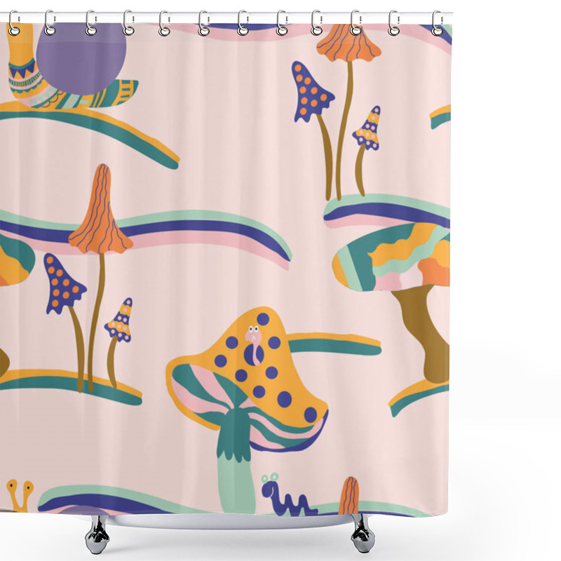 Personality  Groovy Mushrooms And Snails, In A Seamless Pattern Design, That Can Be Used Both On The Web, As A Background Or In Print, For Surface Design. Vector Icon Shower Curtains