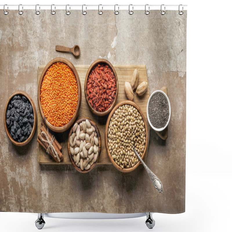 Personality  Top View Of Wooden Board With Legumes, Goji Berries And Healthy Ingredients With Rustic Background Shower Curtains