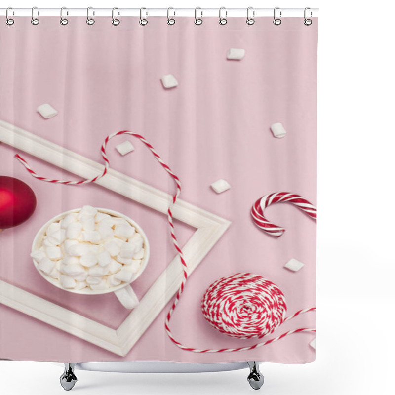 Personality  White Mug With Marshmallows Candy Cane Gifts Boxes Red Ball Packaging Lace Photo Frame On Pink Background Top View Flat Lay. Winter Traditional Drink Food Festive Decor Celebration Christmas New Year Shower Curtains