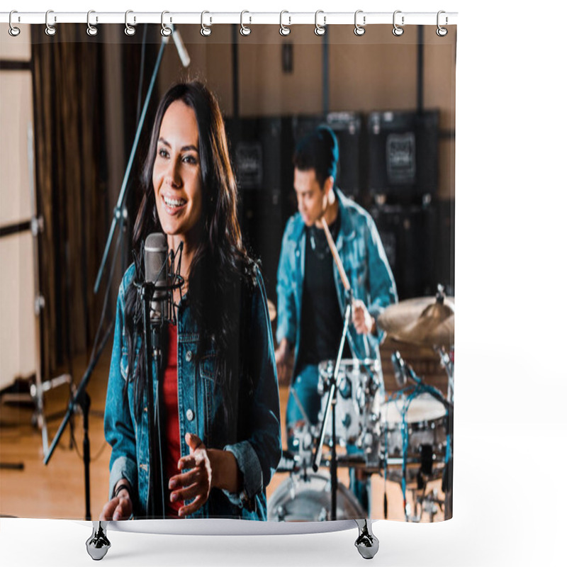 Personality  Pretty Woman Singing While Mixed Race Musician Playing Drums In Recording Studio Shower Curtains