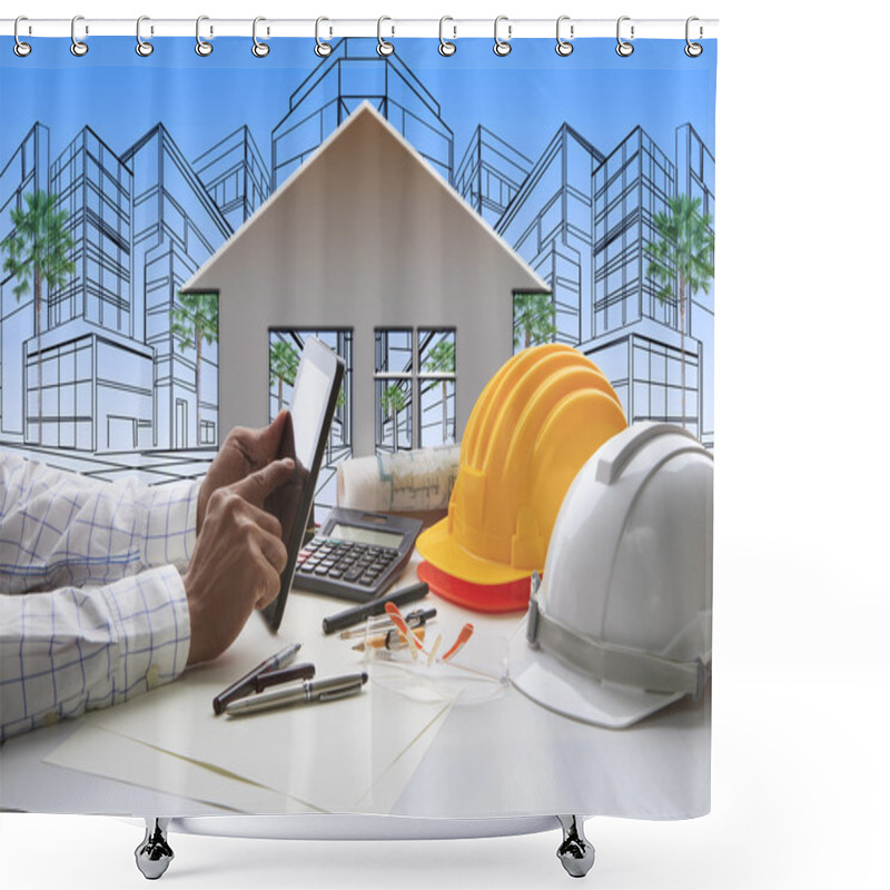 Personality  Hand Of Architect Working On Computer Tablet With Construction Shower Curtains