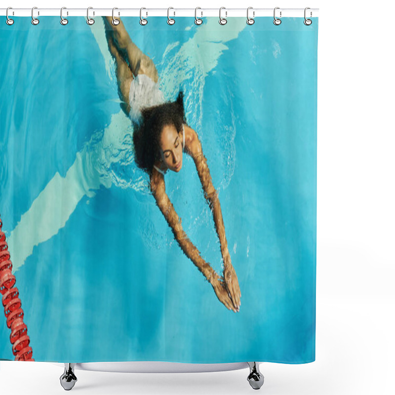 Personality  Top View Of Young African American Woman Swimming In Clear And Blue Pool Water, Serene And Peaceful Shower Curtains