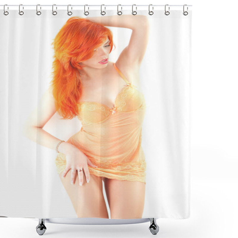 Personality  Redhead Woman In Orange Lingerie Shower Curtains