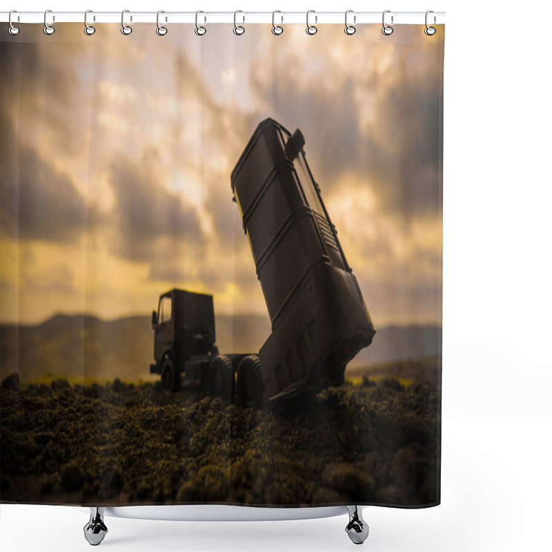 Personality  War Concept. Battle Scene With Rocket Launcher Aimed At Gloomy Sky At Sunset Time. Rocket Vehicle Ready To Attack On Cloudy War Background. Selective Focus Shower Curtains