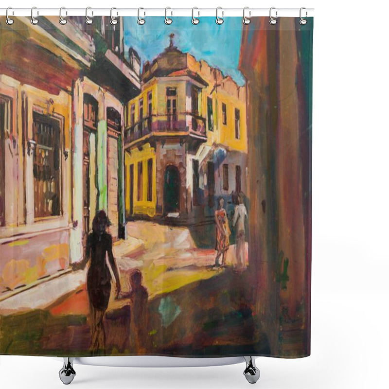 Personality  Painting Representing Sightseeing Tourists Walking In Cuba, Latin America, Having Urban Vacation. Shower Curtains