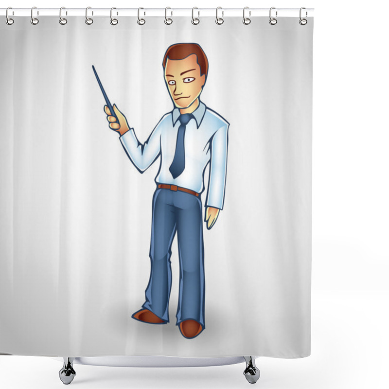 Personality  Cartoon Business Man Points Upwards With Pointer On Copy Space Shower Curtains