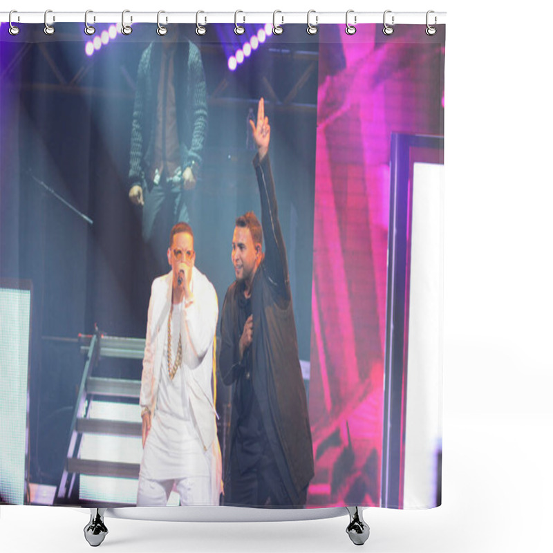 Personality  Daddy Yankee And Don Omar In Concert At The Amway Center In Orlando Florida On August 7, 2016.   Shower Curtains