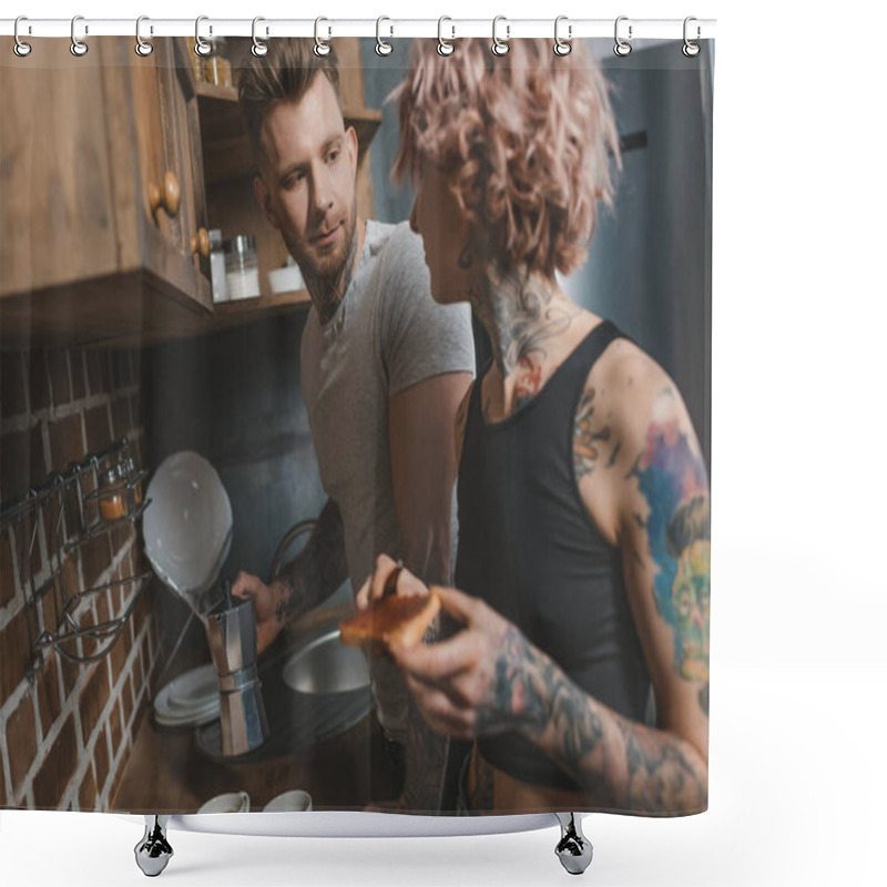 Personality  Tattooed Couple Cooking Breakfast At Kitchen Shower Curtains