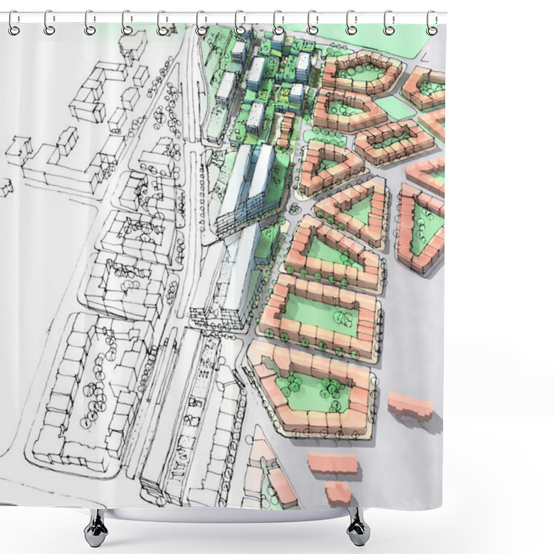 Personality  Drawing Of A Urban Development Shower Curtains