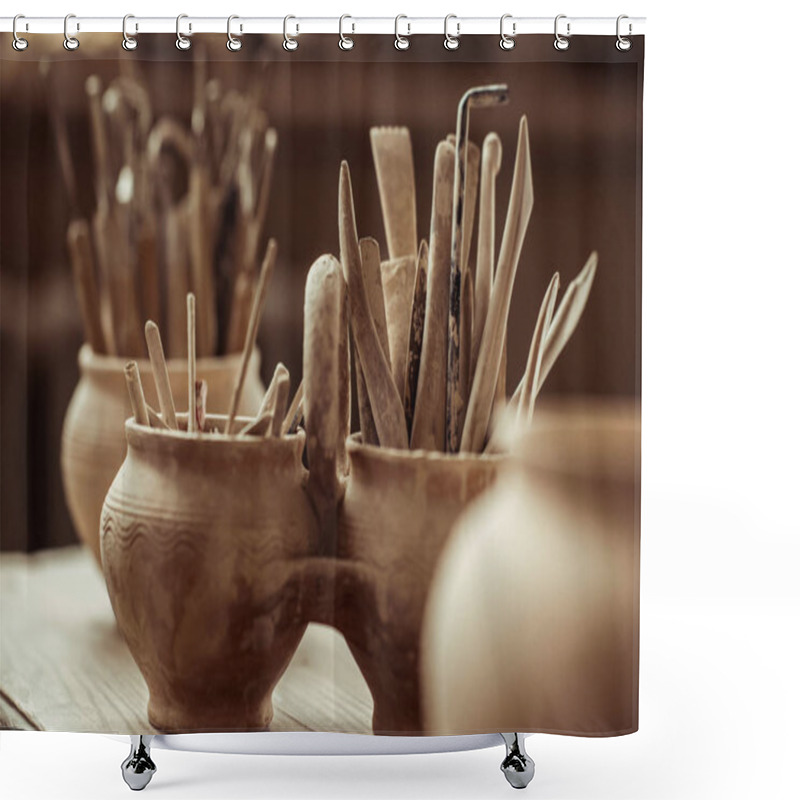 Personality  Close Up Of Paint Brushes With Pottery Tools In Bowls On Table Shower Curtains