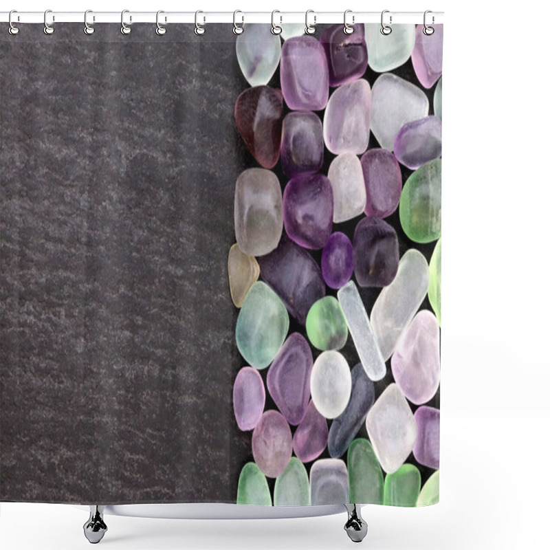 Personality  Fluorite Jewel Stones Heap Texture On Black Stones Background. Place For Text. Shower Curtains