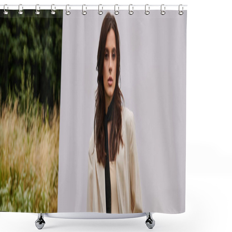 Personality  A Beautiful Young Woman In White Attire Stands Gracefully In Front Of A Plain White Wall, Embodying A Sense Of Peace And Tranquility. Shower Curtains