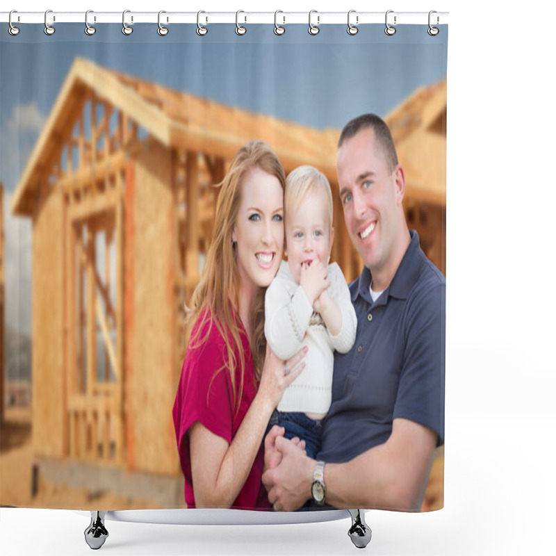 Personality  Young Military Family Outside Their New Home Framing Shower Curtains