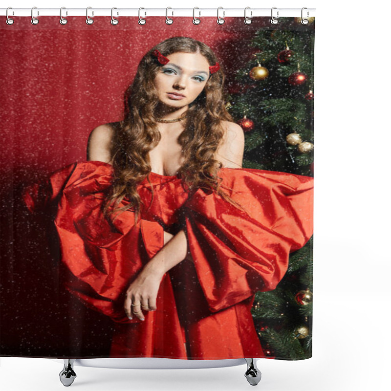 Personality  Wearing A Striking Red Dress, A Beautiful Young Woman Poses Beside A Decorated Christmas Tree. Shower Curtains