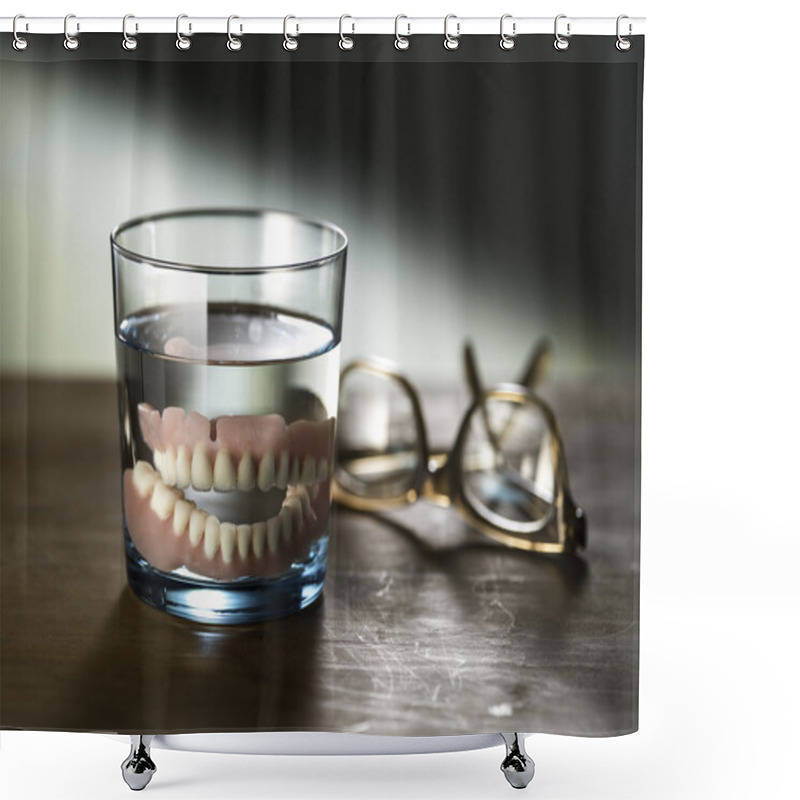 Personality  Dentures In A Glass Of Water Shower Curtains