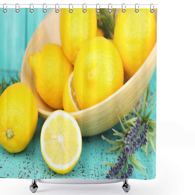 Personality  Still Life With Fresh Lemons And Lavender On Blue Background Shower Curtains