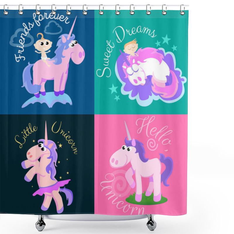 Personality  Cute Unicorn Isolated Set, Magic Pegasus Flying With Wing And Horn On Rainbow, Fantasy Horse Vector Illustration, Myth Creature Dreaming On Colored Background, Greeting Card Text Template Shower Curtains