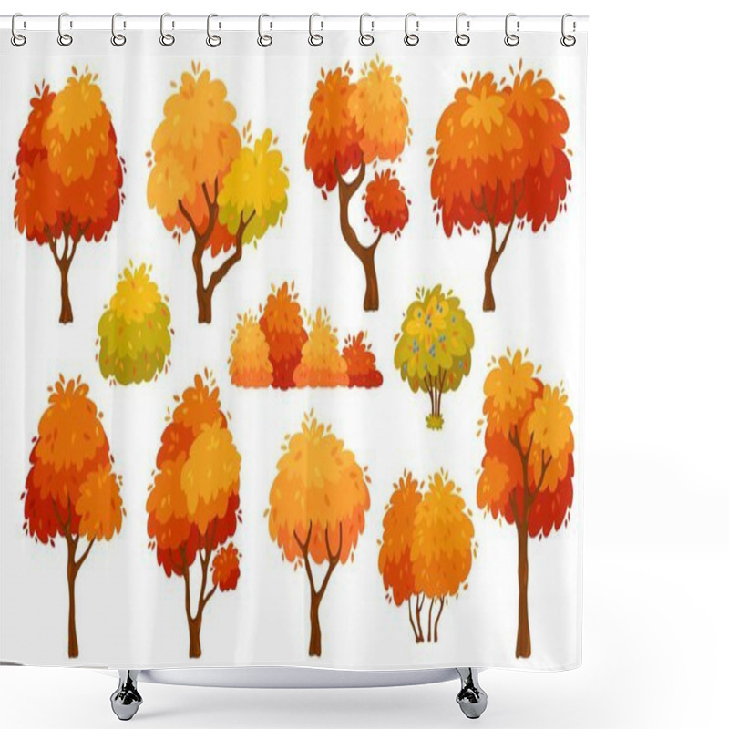 Personality  Cartoon Autumn Trees And Bushes, Yellow Forest Tree. Nature Plants With Red Foliage And Leaves. Fall Season Trees For Park Or Garden Vector Set Shower Curtains