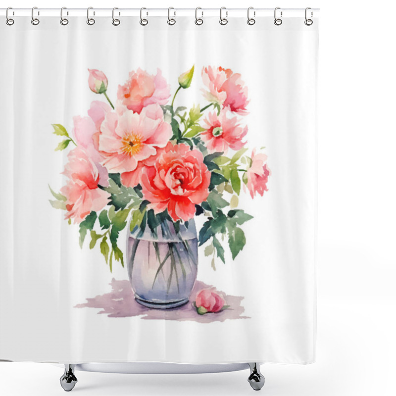 Personality  Watercolor Bouqet With Wild Pink And White Flowers In Vase. Collection Magenta Flowers, Leaves, Branches. Design For Greetings, Card, Invitation, Flyer, Banner. Shower Curtains